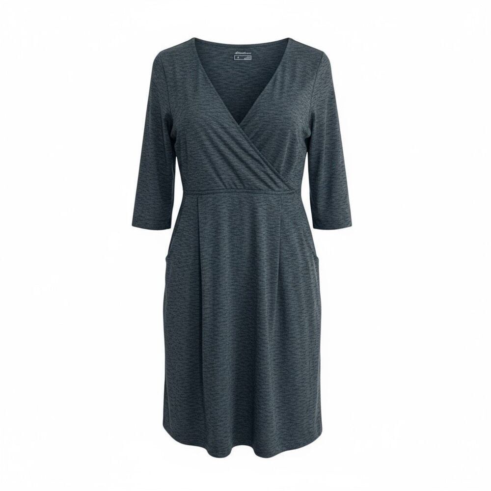 Eddie Bauer Heather 3/4 Sleeve Crossover Aster Pleated Mini Dress Gray‎ Large